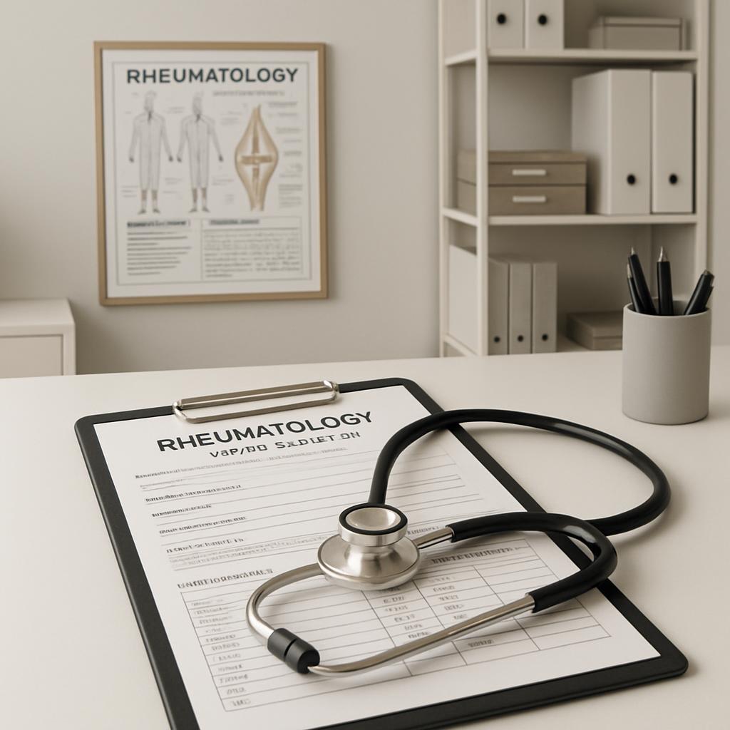 A medical office interior is pictured with a clipboard featuring a rheumatology worksheet and a stethoscope.