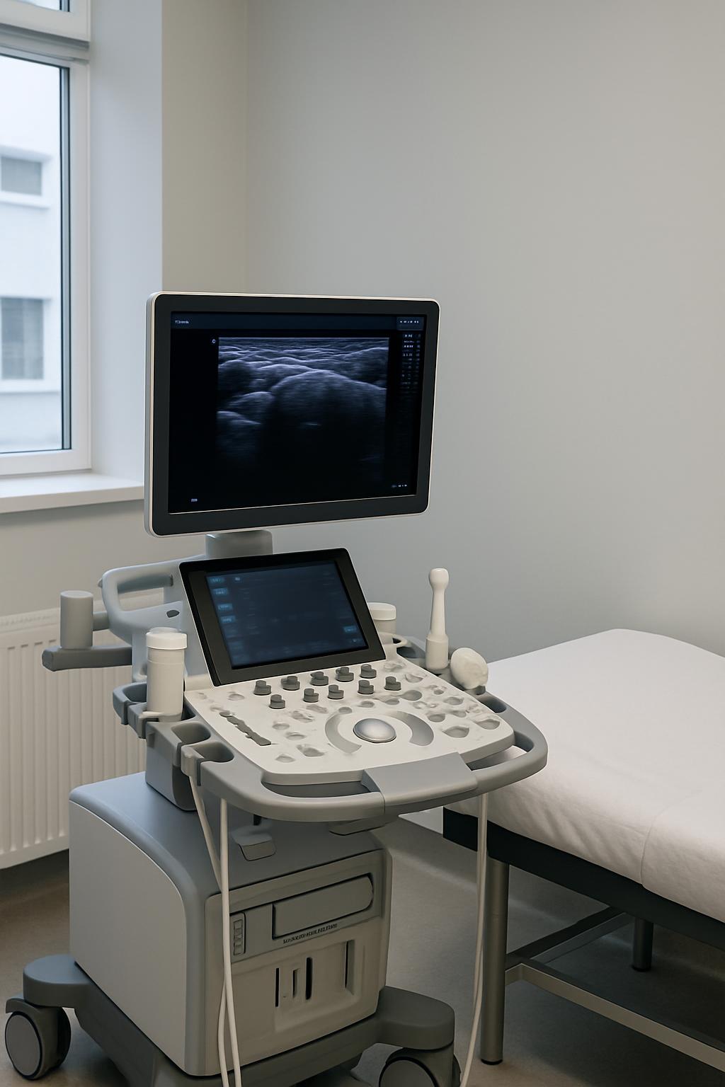 Professional ultrasound machine in a medical environment. An empty examination bed lies next to it in an empty room. The s...