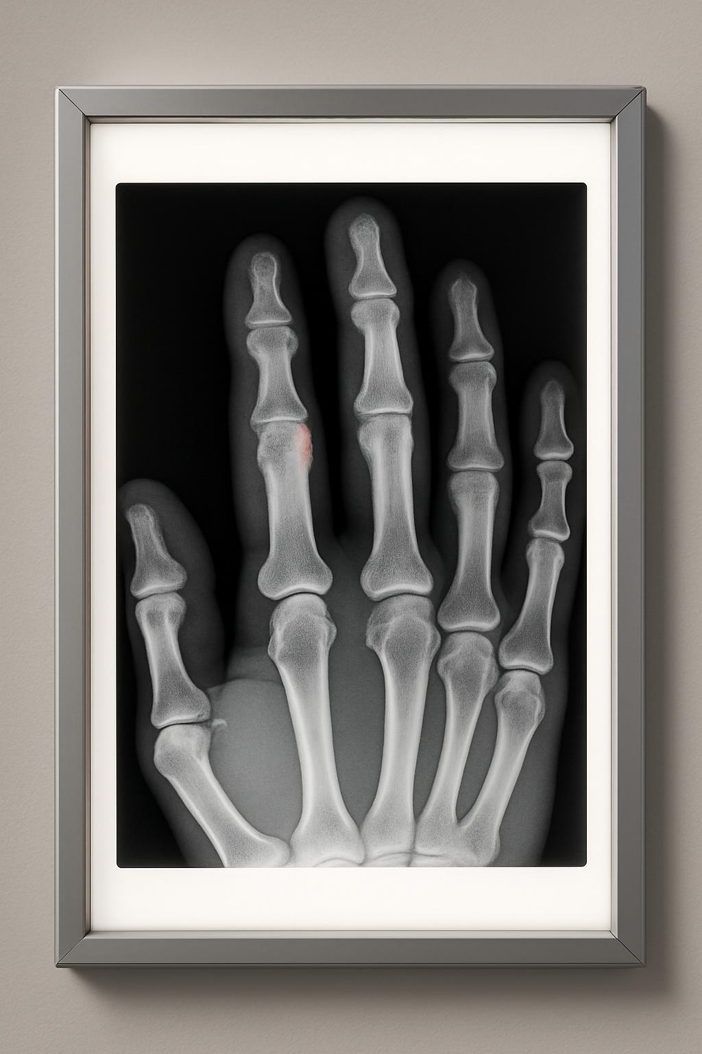 X-ray image of a human hand framed in a gray frame.